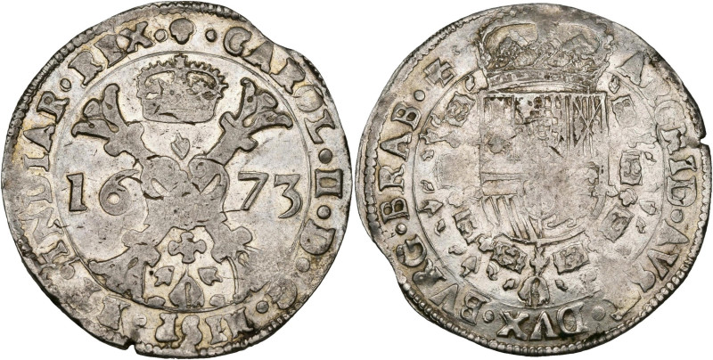 BRABANT, Duché, Charles II (1665-1700), AR patagon, 1673, Bruxelles. D/ Croix de...