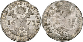 BRABANT, Duché, Charles II (1665-1700), AR patagon, 1673, Bruxelles. D/ Croix de Bourgogne sous une couronne, portant le bijou de la Toison d'or. R/ E...