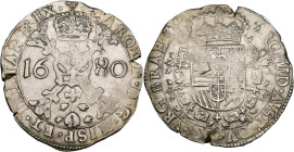 BRABANT, Duché, Charles II (1665-1700), AR patagon, 1680, Bruxelles. D/ Croix de Bourgogne sous une couronne, portant le bijou de la Toison d'or. R/ E...