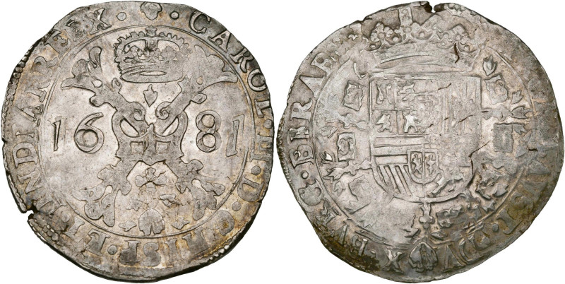 BRABANT, Duché, Charles II (1665-1700), AR patagon, 1681, Bruxelles. D/ Croix de...