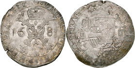 BRABANT, Duché, Charles II (1665-1700), AR patagon, 1681, Bruxelles. D/ Croix de Bourgogne couronnée, ornée du bijou de la Toison d'or, accostée de la...