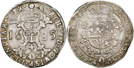 BRABANT, Duché, Charles II (1665-1700), AR patagon, 1685, Bruxelles. D/ Croix de Bourgogne sous une couronne, portant le bijou de la Toison d'or. R/ E...