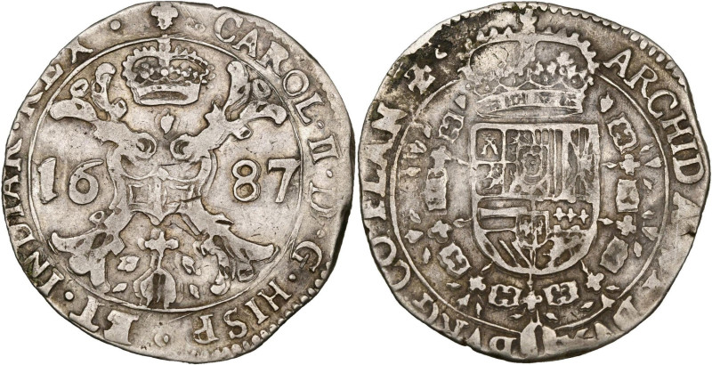 BRABANT, Duché, Charles II (1665-1700), AR demi-patagon, 1687, Bruxelles. D/ Cro...