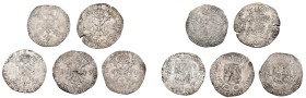 TOURNAI, Seigneurie, Philippe IV (1621-1665), lot de 5 patagons, 1628, 1632, 1645, 1649 (défaut de flan) et 1650. G.H. 329-9. Fine - Very Fine.