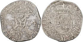 FRANCHE-COMTÉ, Philippe IV (1621-1665), AR patagon, 1634, Dole. Différent: molette. D/ Croix de Bourgogne sous une couronne, portant le bijou de la To...