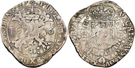 FRANCHE-COMTÉ, Philippe IV (1621-1665), AR patagon, 1636, Dole. Différent: molette. D/ Croix de Bourgogne sous une couronne, portant le bijou de la To...