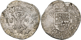 FRANCHE-COMTÉ, Philippe IV (1621-1665), AR patagon, 1642, Dole. Différent: étoile. D/ Croix de Bourgogne sous une couronne, portant le bijou de la Toi...
