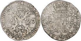 FRANCHE-COMTÉ, Philippe IV (1621-1665), AR demi-patagon, 1627, Dole. Différent: soleil. D/ Croix de Bourgogne sous une couronne, portant le bijou de l...