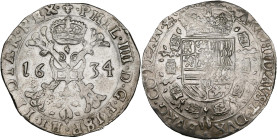 VLAANDEREN, Graafschap, Philips IV (1621-1665), AR patagon, 1634, Brugge. Vz/ Gekroond stokkenkruis met een vuurijzer tussen het jaartal en het juweel...