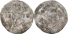 VLAANDEREN, Graafschap, Philips IV (1621-1665), AR patagon, 1638 (over 1637), Brugge. Vz/ Gekroond stokkenkruis met een vuurijzer tussen het jaartal e...