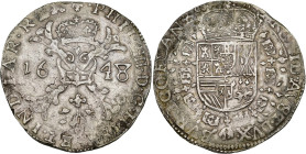 VLAANDEREN, Graafschap, Philips IV (1621-1665), AR patagon, 1648 (over 1647), Brugge. Vz/ Gekroond stokkenkruis met een vuurijzer tussen het jaartal e...