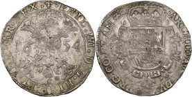 VLAANDEREN, Graafschap, Philips IV (1621-1665), AR patagon, 1654, Brugge. Vz/ Gekroond stokkenkruis met een vuurijzer tussen het jaartal en het juweel...