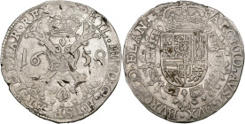 VLAANDEREN, Graafschap, Philips IV (1621-1665), AR patagon, 1658, Brugge. Vz/ Gekroond stokkenkruis met een vuurijzer tussen het jaartal en het juweel...