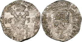 VLAANDEREN, Graafschap, Philips IV (1621-1665), AR patagon, 1659, Brugge. Vz/ Gekroond stokkenkruis met een vuurijzer tussen het jaartal en het juweel...