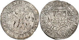 VLAANDEREN, Graafschap, Philips IV (1621-1665), AR patagon, 1662, Brugge. Vz/ Gekroond stokkenkruis met een vuurijzer tussen het jaartal en het juweel...