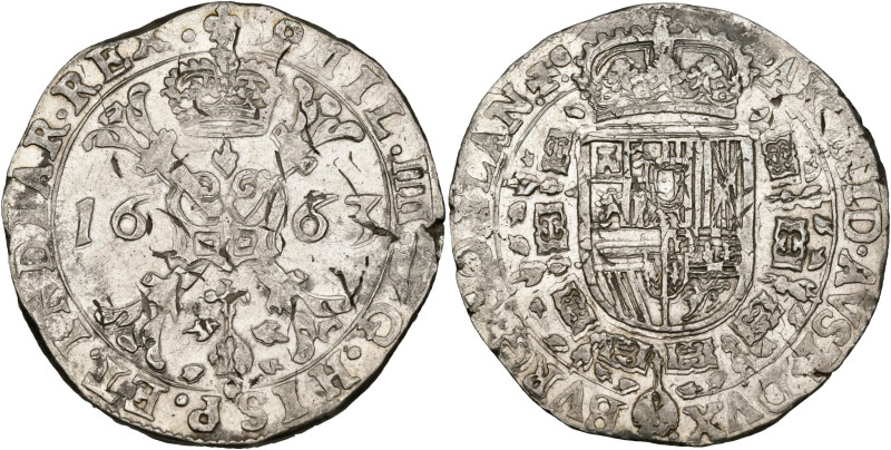 VLAANDEREN, Graafschap, Philips IV (1621-1665), AR patagon, 1663, Brugge. Vz/ Ge...