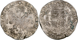 VLAANDEREN, Graafschap, Karel II (1665-1700), AR patagon, 1668, Brugge. Vz/ Gekroond stokkenkruis met een vuurijzer tussen het jaartal en het juweel v...