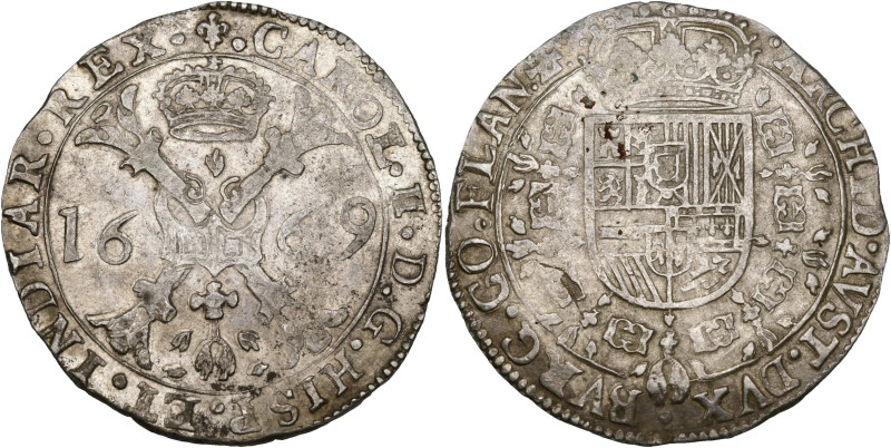 VLAANDEREN, Graafschap, Karel II (1665-1700), AR patagon, 1669, Brugge. Vz/ Gekr...