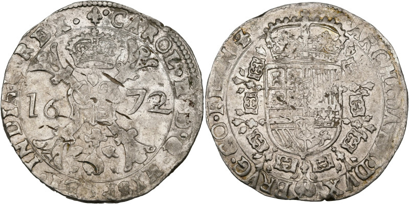 VLAANDEREN, Graafschap, Karel II (1665-1700), AR patagon, 1672, Brugge. Vz/ Gekr...