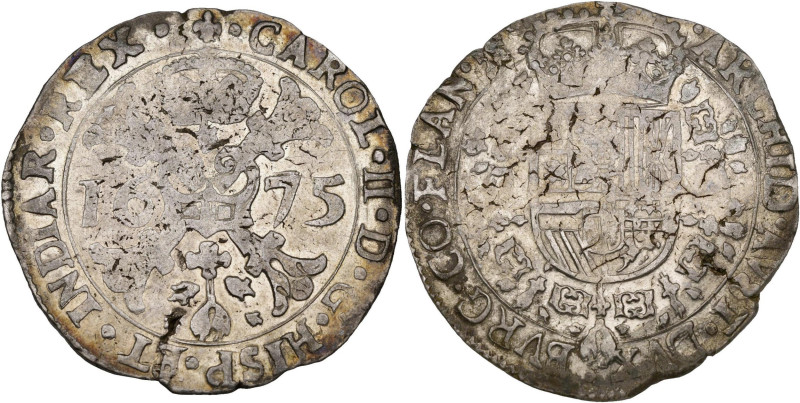 VLAANDEREN, Graafschap, Karel II (1665-1700), AR patagon, 1675, Brugge. Vz/ Gekr...