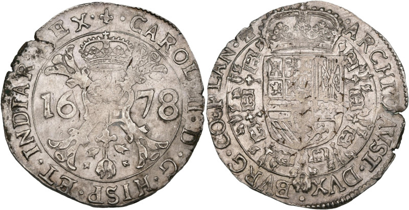 VLAANDEREN, Graafschap, Karel II (1665-1700), AR patagon, 1678, Brugge. Vz/ Gekr...
