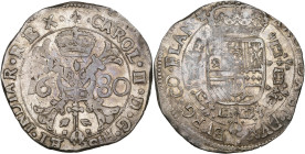 VLAANDEREN, Graafschap, Karel II (1665-1700), AR patagon, 1680, Brugge. Vz/ Gekroond stokkenkruis met een vuurijzer tussen het jaartal en het juweel v...