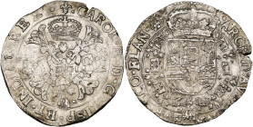 VLAANDEREN, Graafschap, Karel II (1665-1700), AR patagon, 1682, Brugge. Vz/ Gekroond stokkenkruis met een vuurijzer tussen het jaartal en het juweel v...