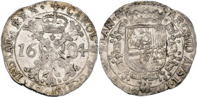 VLAANDEREN, Graafschap, Karel II (1665-1700), AR patagon, 1684, Brugge. Vz/ Gekroond stokkenkruis met een vuurijzer tussen het jaartal en het juweel v...