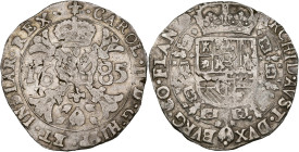 VLAANDEREN, Graafschap, Karel II (1665-1700), AR patagon, 1685, Brugge. Vz/ Gekroond stokkenkruis met een vuurijzer tussen het jaartal en het juweel v...