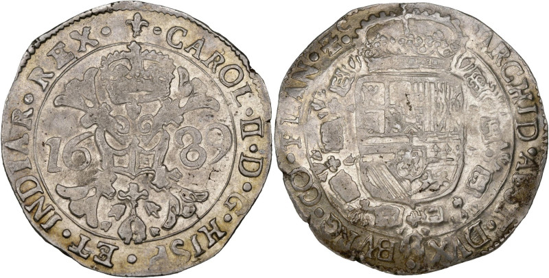 VLAANDEREN, Graafschap, Karel II (1665-1700), AR patagon, 1689, Brugge. Vz/ Gekr...