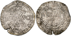 VLAANDEREN, Graafschap, Karel II (1665-1700), AR patagon, 1690, Brugge. Vz/ Gekroond stokkenkruis met een vuurijzer tussen het jaartal en het juweel v...