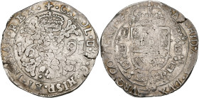 VLAANDEREN, Graafschap, Karel II (1665-1700), AR patagon, 1691, Brugge. Vz/ Gekroond stokkenkruis met een vuurijzer tussen het jaartal en het juweel v...