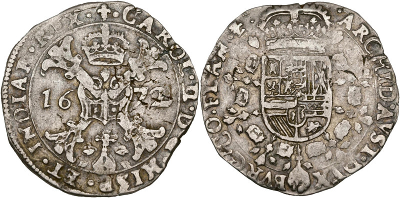 VLAANDEREN, Graafschap, Karel II (1665-1700), AR halve patagon, 1672, Brugge. Vz...