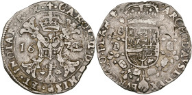 VLAANDEREN, Graafschap, Karel II (1665-1700), AR halve patagon, 1672, Brugge. Vz/ Gekroond stokkenkruis met een vuurijzer tussen het jaartal en het ju...