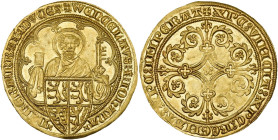 BRABANT, Duché, Jeanne et Wenceslas (1355-1383), AV Pieter d'or, 1375-1381, Louvain. D/ B. de saint Pierre de f., au-dessus de l'écu écartelé de Bohêm...