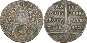 BRABANT, Duché, Maastricht assiégée par Alexandre Farnèse, Cu 16 sols, 3e émission (juin 1579). D/ Écu heaumé de la ville. R/ Main ten. une épée. Dans...