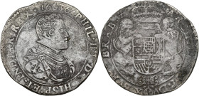 BRABANT, Duché, Philippe IV (1621-1665), AR ducaton, 1636, Anvers. Deuxième type. D/ B. dr. et cuir. à d. R/ Écu couronné, tenu par deux lions. En des...