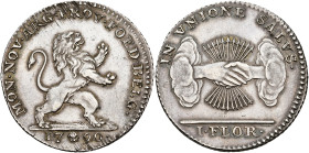BRABANT, Duché, États-Belgiques-Unis (1790), AR florin, 1790, Bruxelles. Premier type. D/ Lion deb. à d. R/ Deux mains serrées sortant des nuées, ten....