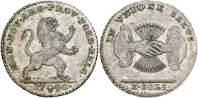 BRABANT, Duché, États-Belgiques-Unis (1790), AR 10 sols, 1790, Bruxelles. Premier type. D/ Lion deb. à d. R/ Deux mains serrées sortant des nuées, ten...