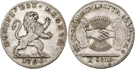 BRABANT, Duché, États-Belgiques-Unis (1790), AR 10 sols, 1790, Bruxelles. Deuxième type. D/ Lion deb. à d. R/ Deux mains serrées sortant des nuées, te...