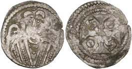 TOURNAI, Évêché, AR denier anonyme, 12e siècle. D/ B. de f., ten. une crosse. À d., un croissant. R/ Croix pattée cantonnée de deux S et de deux globu...
