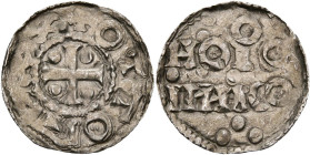 HUY, atelier royal, AR denier. Au titre d'Otton Ier (936-962). D/ + OTTO REXX Croix cantonnée de quatre globules. R/ En deux lignes: HOIO/ IICO (ave...