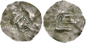LIÈGE, Principauté, AR denier, vers 1030-1050, Maastricht (?). D/ T. de saint Lambert à d. R/ Église stylisée (?). Dan. - (cfr 253); Dengis -; Ilisch ...