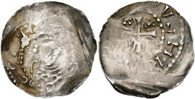 LIÈGE, Principauté, Henri de Verdun (1075-1091), AR denier anonyme, Liège. D/ [+ LE]-GIA B. de f., ten. une crosse. R/ Croix cantonnée de quatre visag...