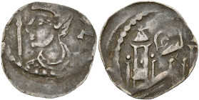 LIÈGE, Principauté, Albéron II de Chiny-Namur (1135-1145), AR denier anonyme, Liège (?). D/ B. drapé à g., ten. une crosse. À d., L. R/ Façade d'églis...