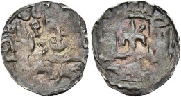 LIÈGE, Principauté, Hugues de Pierrepont (1200-1229), AR denier, Liège. D/ B. mitré de f., ten. une crosse et bénissant un personnage à g. R/ Un lis d...