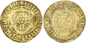LIÈGE, Principauté, Jean de Hornes (1485-1505), AV florin d'or postulat. D/ + IOHS DE HORN EPS LEODIE Écu à la croix chargée d'un écusson de Hornes, d...