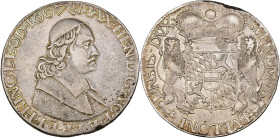 LIÈGE, Principauté, Maximilien Henri de Bavière (1650-1688), AR ducaton, 1667, Liège. Différent: perron. D/ B. à d., coiffé d'une calotte. R/ Écu cour...