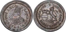 LIÈGE, Principauté, Siège vacant (1792), escalin, 1792, Liège. Essai (?) surfrappé sur un double liard en cuivre de 1752. D/ B. mitré du saint à g. R/...