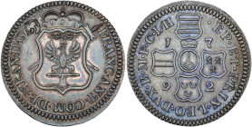 LIÈGE, Principauté, François-Antoine de Méan (1792-1802), liard apocryphe, 1792, C. Jéhotte. Épreuve en cuivre. D/ Écu couronné, posé sur une crosse e...